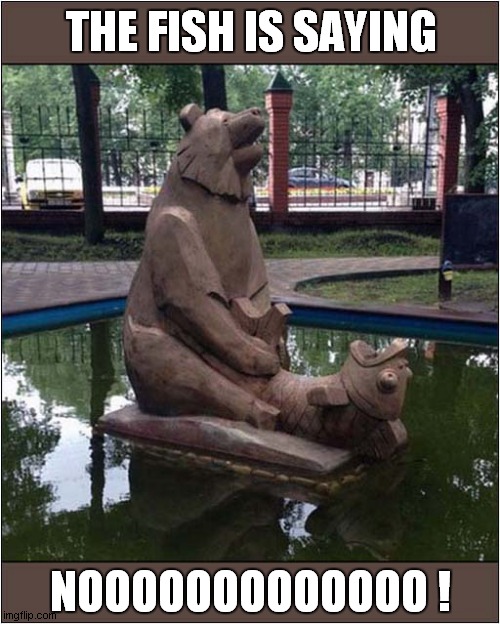 A Very Odd Fountain ! | THE FISH IS SAYING; NOOOOOOOOOOOOO ! | image tagged in bear,fish,odd,fountain | made w/ Imgflip meme maker