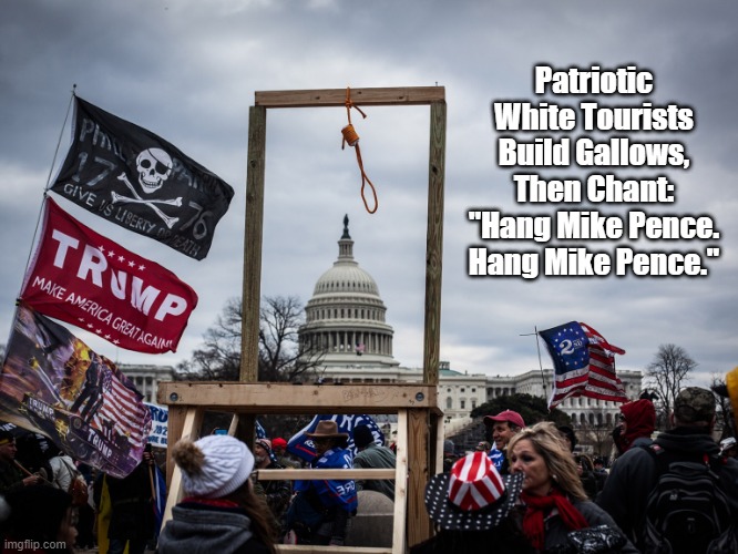 "Hang Mike Pence! Hang Mike Pence!" | Patriotic White Tourists Build Gallows, Then Chant: "Hang Mike Pence. Hang Mike Pence." | image tagged in january 6,j6,january 6th insurrection,attack on the capitol,hang mike pence,trumps insurrection | made w/ Imgflip meme maker