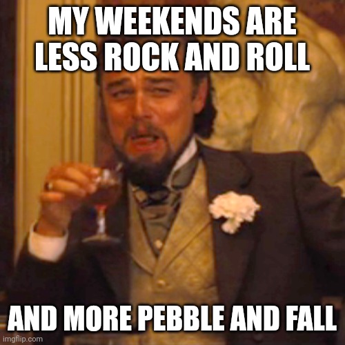 Weekends | MY WEEKENDS ARE LESS ROCK AND ROLL; AND MORE PEBBLE AND FALL | image tagged in memes,laughing leo | made w/ Imgflip meme maker