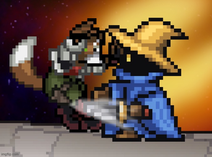 Black mage shivving Fox | image tagged in black mage shivving fox | made w/ Imgflip meme maker