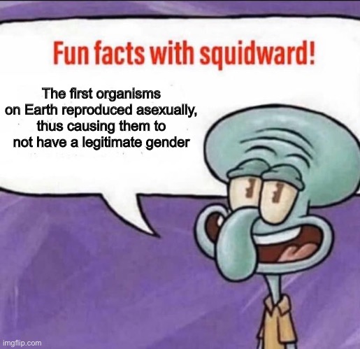 Fun Facts with Squidward | The first organisms on Earth reproduced asexually, thus causing them to not have a legitimate gender | image tagged in fun facts with squidward | made w/ Imgflip meme maker