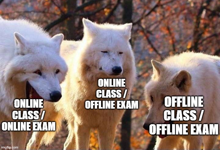 not to mention my scores... | ONLINE CLASS / OFFLINE EXAM; OFFLINE CLASS / OFFLINE EXAM; ONLINE CLASS / ONLINE EXAM | image tagged in laughing wolf | made w/ Imgflip meme maker