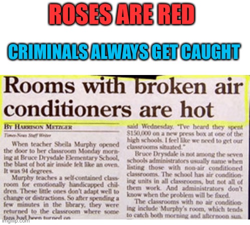 You don’t say?!? | ROSES ARE RED; CRIMINALS ALWAYS GET CAUGHT | image tagged in memes,funny,you don't say,stupid funny news headlines,funny news headlines,lmao | made w/ Imgflip meme maker