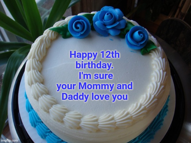 sorry cake | Happy 12th birthday.  I'm sure your Mommy and Daddy love you | image tagged in sorry cake | made w/ Imgflip meme maker
