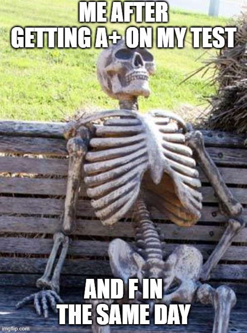 Waiting Skeleton Meme | ME AFTER GETTING A+ ON MY TEST; AND F IN THE SAME DAY | image tagged in memes,waiting skeleton | made w/ Imgflip meme maker