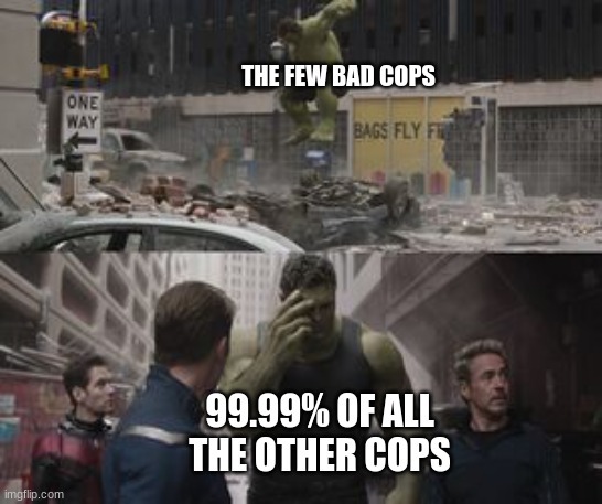 cant judge them based off a few of their actions. isnt that what blm likes to say? | THE FEW BAD COPS; 99.99% OF ALL THE OTHER COPS | image tagged in regretful hulk,cops,police | made w/ Imgflip meme maker