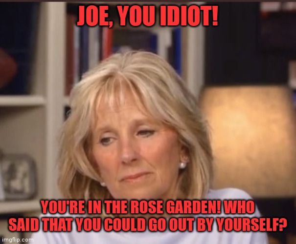 Jill Biden meme | JOE, YOU IDIOT! YOU'RE IN THE ROSE GARDEN! WHO SAID THAT YOU COULD GO OUT BY YOURSELF? | image tagged in jill biden meme | made w/ Imgflip meme maker