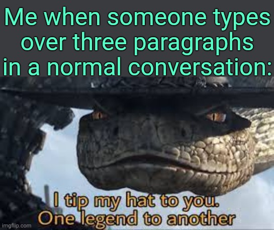 . | Me when someone types over three paragraphs in a normal conversation: | image tagged in i tip my hat to you | made w/ Imgflip meme maker