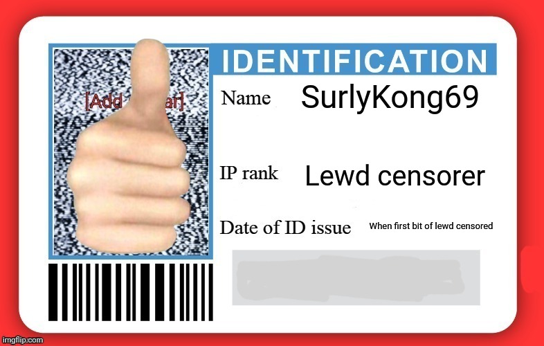 So... Yea | SurlyKong69; Lewd censorer; When first bit of lewd censored | image tagged in dmv id card | made w/ Imgflip meme maker