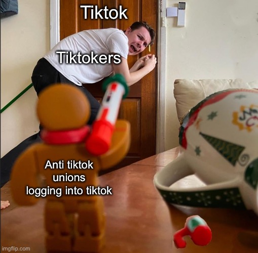 devoun scared of gingerbread | Tiktok; Tiktokers; Anti tiktok unions logging into tiktok | image tagged in devoun scared of gingerbread | made w/ Imgflip meme maker