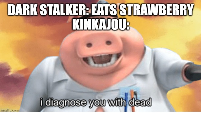 It's a book series I like to read | DARK STALKER: EATS STRAWBERRY
KINKAJOU: | image tagged in i diagnose you with dead,wings of fire | made w/ Imgflip meme maker