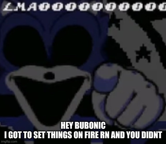 Sonic.LMAO | HEY BUBONIC
I GOT TO SET THINGS ON FIRE RN AND YOU DIDNT | image tagged in sonic lmao | made w/ Imgflip meme maker