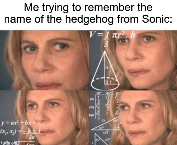 I wonder what is his name? | Me trying to remember the name of the hedgehog from Sonic: | image tagged in math lady/confused lady,sonic the hedgehog | made w/ Imgflip meme maker