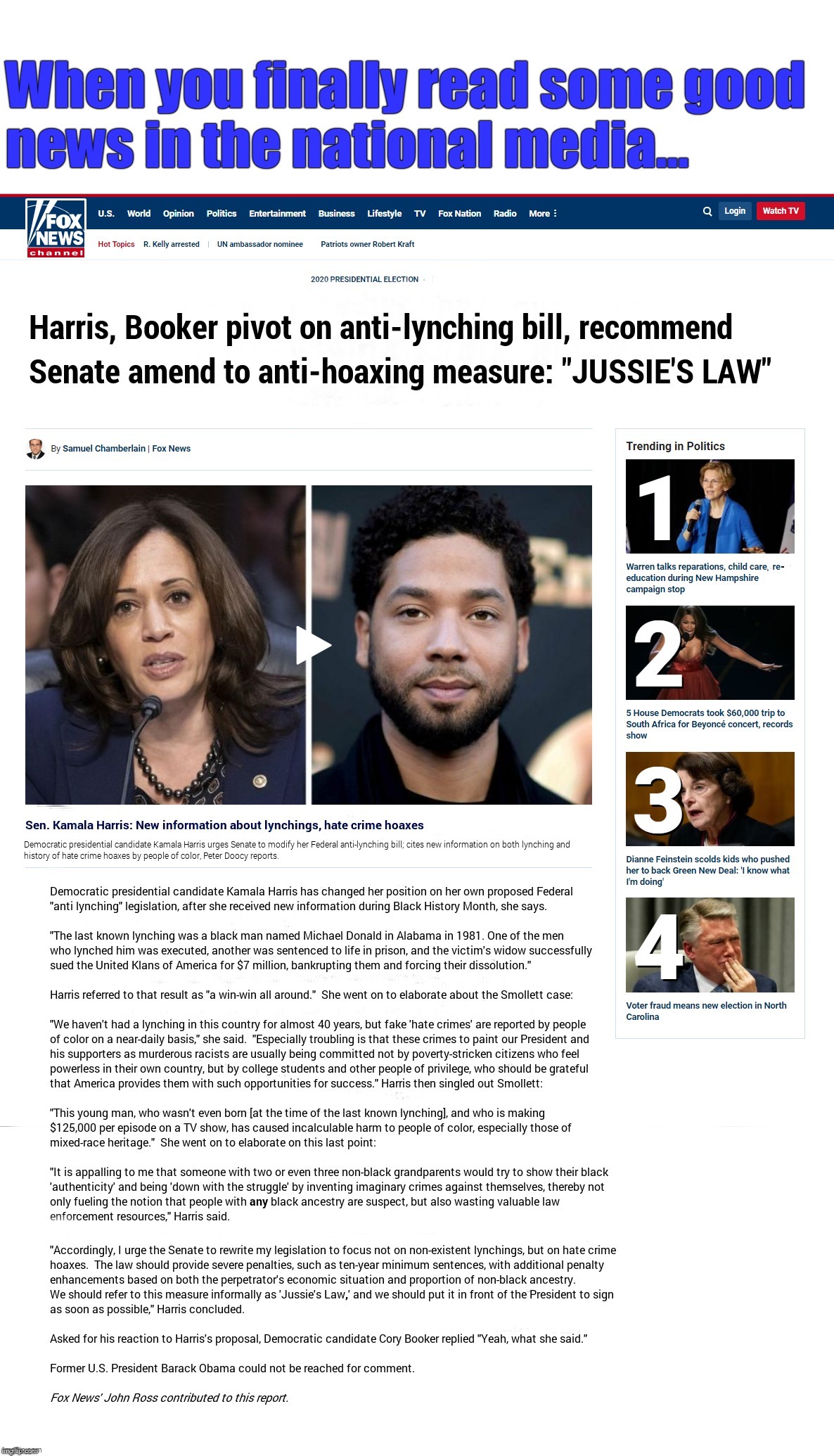 Jussie's Law | image tagged in harris,booker,jussie smollett,hate crime fraud | made w/ Imgflip meme maker