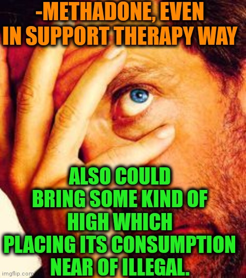 Doctor House | -METHADONE, EVEN IN SUPPORT THERAPY WAY ALSO COULD BRING SOME KIND OF HIGH WHICH PLACING ITS CONSUMPTION NEAR OF ILLEGAL. | image tagged in doctor house | made w/ Imgflip meme maker
