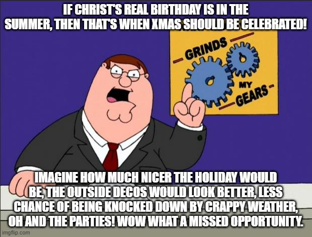 Who's with me? | IF CHRIST'S REAL BIRTHDAY IS IN THE SUMMER, THEN THAT'S WHEN XMAS SHOULD BE CELEBRATED! IMAGINE HOW MUCH NICER THE HOLIDAY WOULD BE, THE OUTSIDE DECOS WOULD LOOK BETTER, LESS CHANCE OF BEING KNOCKED DOWN BY CRAPPY WEATHER, OH AND THE PARTIES! WOW WHAT A MISSED OPPORTUNITY. | image tagged in peter griffin - grind my gears | made w/ Imgflip meme maker
