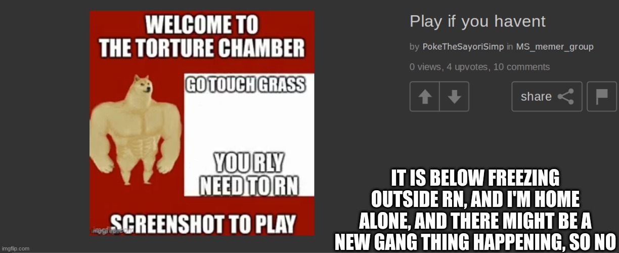 IT IS BELOW FREEZING OUTSIDE RN, AND I'M HOME ALONE, AND THERE MIGHT BE A NEW GANG THING HAPPENING, SO NO | made w/ Imgflip meme maker