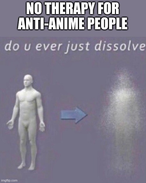 deserving. | NO THERAPY FOR ANTI-ANIME PEOPLE | image tagged in dissolving | made w/ Imgflip meme maker