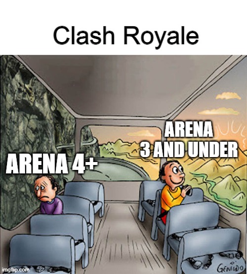 clash royale be like | Clash Royale; ARENA 3 AND UNDER; ARENA 4+ | image tagged in two guys on a bus | made w/ Imgflip meme maker