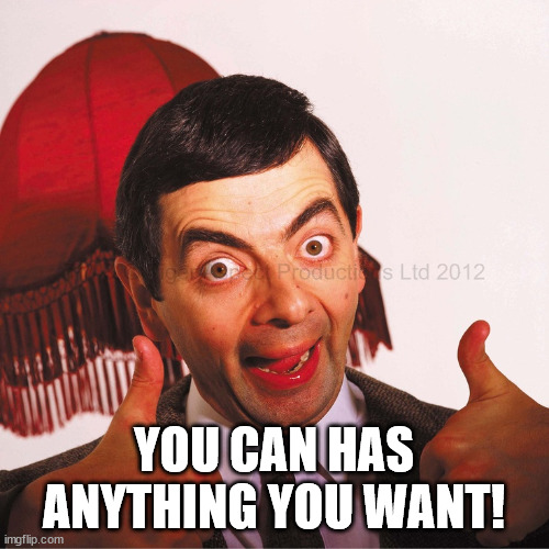 mr bean well done | YOU CAN HAS ANYTHING YOU WANT! | image tagged in mr bean well done | made w/ Imgflip meme maker