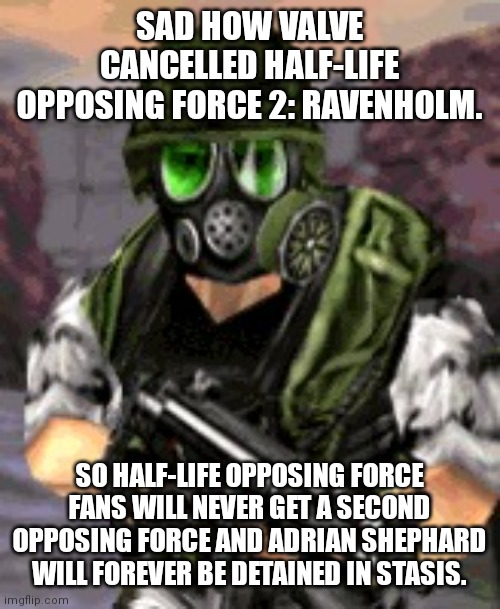 Adrian Shephard | SAD HOW VALVE CANCELLED HALF-LIFE OPPOSING FORCE 2: RAVENHOLM. SO HALF-LIFE OPPOSING FORCE FANS WILL NEVER GET A SECOND OPPOSING FORCE AND ADRIAN SHEPHARD WILL FOREVER BE DETAINED IN STASIS. | image tagged in adrian shephard | made w/ Imgflip meme maker