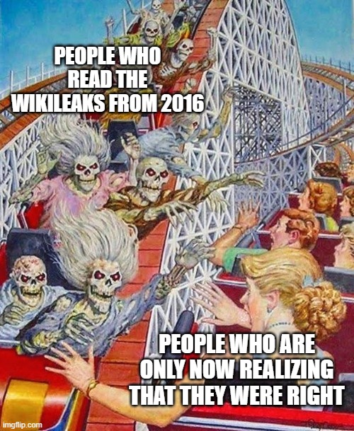 It's all in the wikileaks | PEOPLE WHO READ THE WIKILEAKS FROM 2016; PEOPLE WHO ARE ONLY NOW REALIZING THAT THEY WERE RIGHT | image tagged in skeleton rollercoaster high five | made w/ Imgflip meme maker