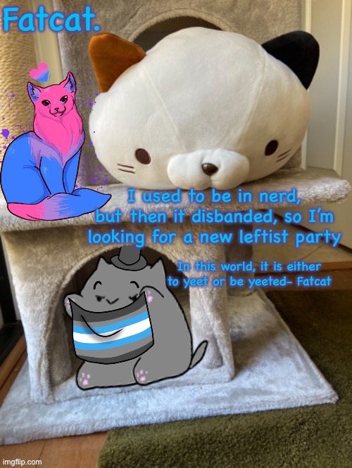 Post your party in the comments | I used to be in nerd, but then it disbanded, so I’m looking for a new leftist party | image tagged in fatcat s template | made w/ Imgflip meme maker