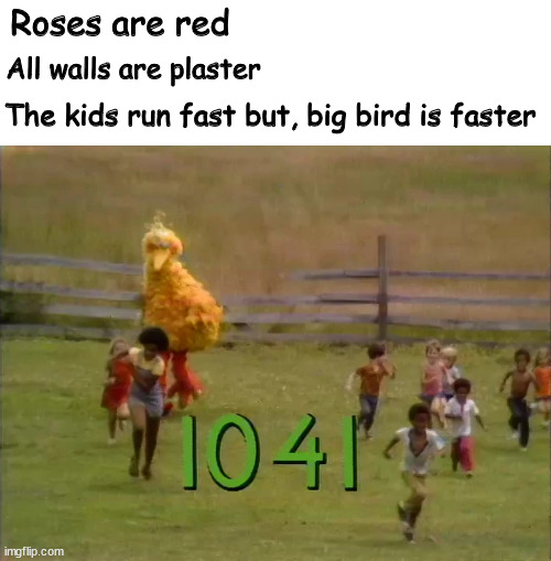 Big bird meme | Roses are red; All walls are plaster; The kids run fast but, big bird is faster | image tagged in memes,funny,big bird | made w/ Imgflip meme maker