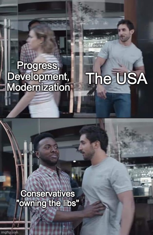 There's a reason some liberals are called "progressives..." | The USA; Progress, Development, Modernization; Conservatives "owning the libs" | image tagged in black guy stopping,politics,liberals,conservatives,liberals vs conservatives,progressives | made w/ Imgflip meme maker