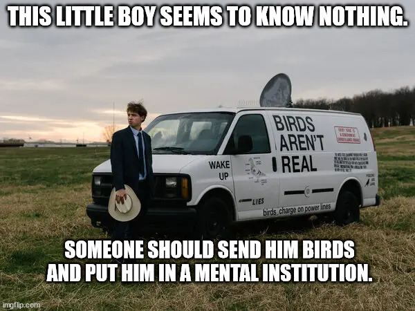 Extreme mentally unbalanced birds are fake mentality. | THIS LITTLE BOY SEEMS TO KNOW NOTHING. SOMEONE SHOULD SEND HIM BIRDS AND PUT HIM IN A MENTAL INSTITUTION. | image tagged in birds,lunatic,conspiracy theory,clowns | made w/ Imgflip meme maker