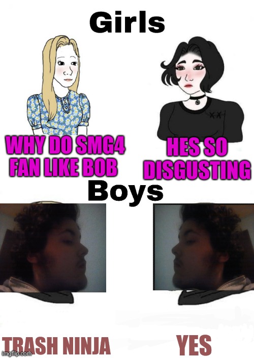 Smg4 fans ( nothing againts boys or girls also yes THATS MY FACE HA HA HA ) | WHY DO SMG4 FAN LIKE BOB; HES SO DISGUSTING; YES; TRASH NINJA | image tagged in girls vs boys | made w/ Imgflip meme maker