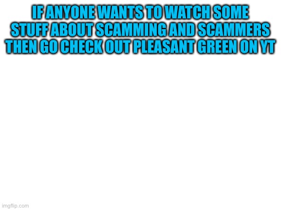 He’s really cool | IF ANYONE WANTS TO WATCH SOME STUFF ABOUT SCAMMING AND SCAMMERS THEN GO CHECK OUT PLEASANT GREEN ON YT | image tagged in blank white template | made w/ Imgflip meme maker
