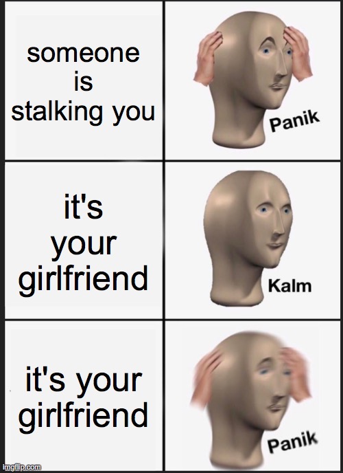 Panik Kalm Panik Meme | someone is stalking you it's your girlfriend it's your girlfriend | image tagged in memes,panik kalm panik | made w/ Imgflip meme maker