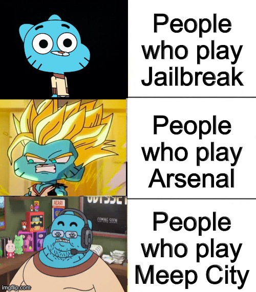 Best,Better, Blurst but with gumball |  People who play Jailbreak; People who play Arsenal; People who play Meep City | image tagged in memes,funny,best better blurst,oh wow are you actually reading these tags | made w/ Imgflip meme maker