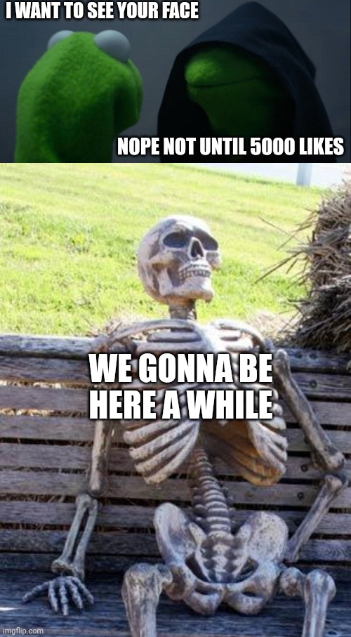 I WANT TO SEE YOUR FACE NOPE NOT UNTIL 5000 LIKES WE GONNA BE HERE A WHILE | image tagged in memes,evil kermit,waiting skeleton | made w/ Imgflip meme maker