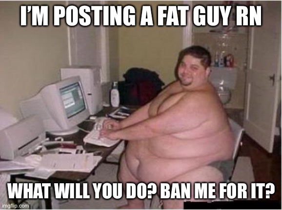 really fat guy on computer | I’M POSTING A FAT GUY RN; WHAT WILL YOU DO? BAN ME FOR IT? | image tagged in really fat guy on computer | made w/ Imgflip meme maker