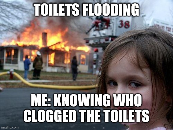 Knowing who cause trouble | TOILETS FLOODING; ME: KNOWING WHO CLOGGED THE TOILETS | image tagged in memes,disaster girl | made w/ Imgflip meme maker