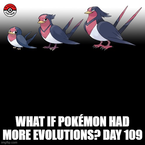 Check the tags Pokemon more evolutions for each new one. | WHAT IF POKÉMON HAD MORE EVOLUTIONS? DAY 109 | image tagged in memes,blank transparent square,pokemon more evolutions,pokemon,why are you reading this,taillow | made w/ Imgflip meme maker