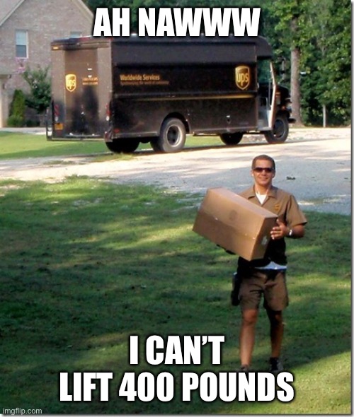 Obesity delivery | AH NAWWW I CAN’T LIFT 400 POUNDS | image tagged in ups delivery guy,obese,obesity | made w/ Imgflip meme maker