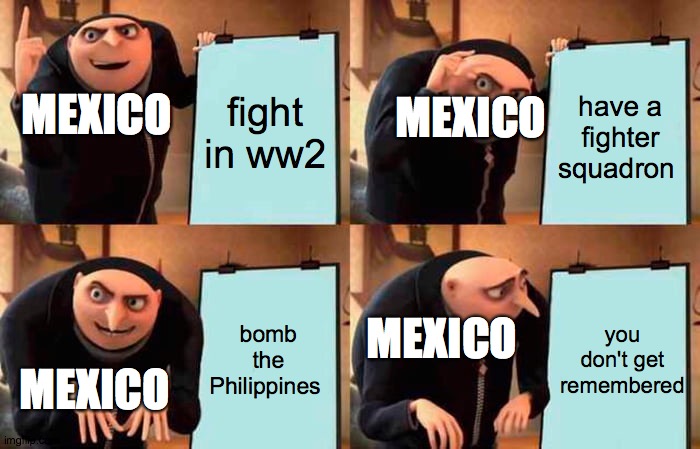 Gru's Plan Meme | fight in ww2 have a fighter squadron bomb the Philippines you don't get remembered MEXICO MEXICO MEXICO MEXICO | image tagged in memes,gru's plan | made w/ Imgflip meme maker