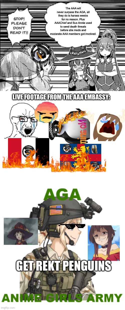 get rekt penguins | The AAA will never surpass the AGA, all they do is harass weebs for no reason. Plus AAAChief and Sus Annie used to send death threats before stie mods and moderate AAA members got involved. LIVE FOOTAGE FROM THE AAA EMBASSY:; GET REKT PENGUINS | image tagged in megumin reading,blank white template,aga official logo | made w/ Imgflip meme maker