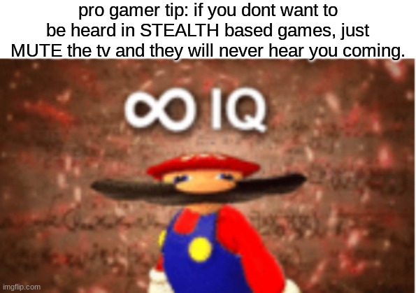 imma pro gamer you can trust me | pro gamer tip: if you dont want to be heard in STEALTH based games, just MUTE the tv and they will never hear you coming. | image tagged in infinite iq,gamer,stealth | made w/ Imgflip meme maker