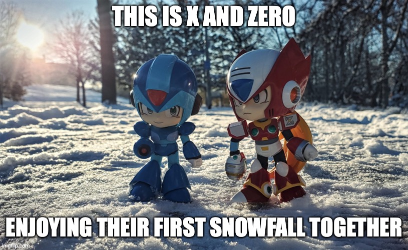 X and Zero Outside in the Snow | THIS IS X AND ZERO; ENJOYING THEIR FIRST SNOWFALL TOGETHER | image tagged in megaman,megaman x,zero,memes | made w/ Imgflip meme maker
