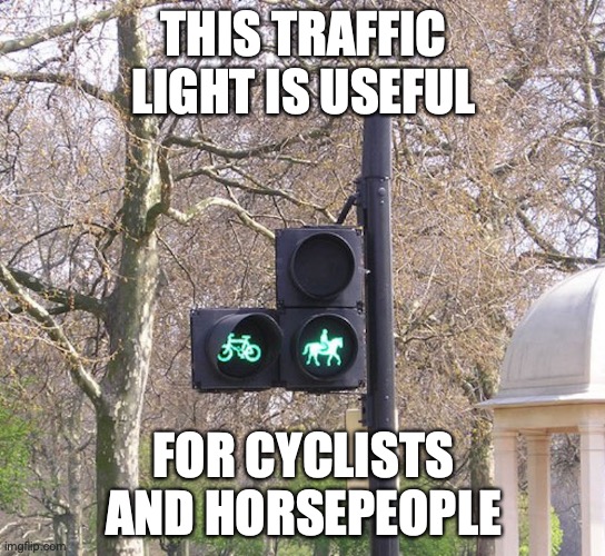 Unusual Pedestrian Traffic Light | THIS TRAFFIC LIGHT IS USEFUL; FOR CYCLISTS AND HORSEPEOPLE | image tagged in memes,traffic light,funny | made w/ Imgflip meme maker