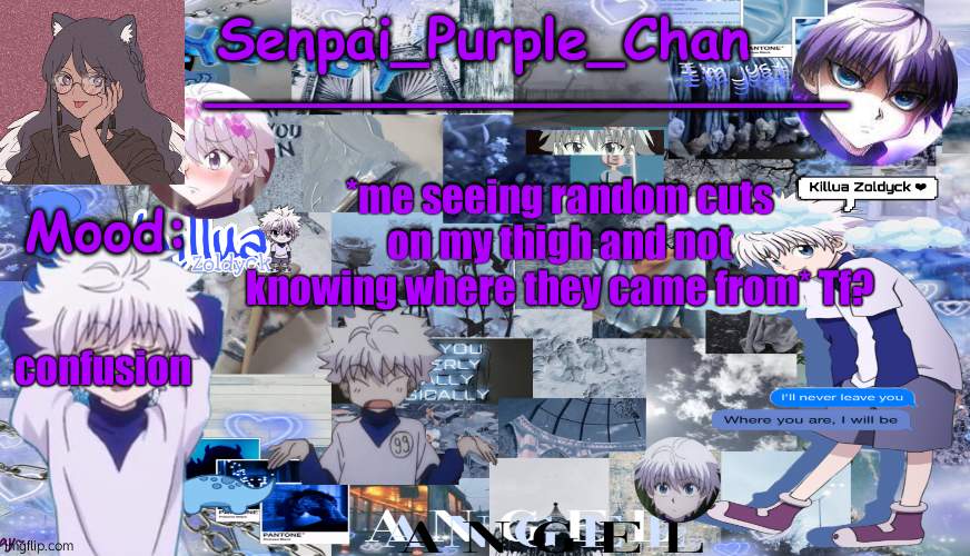 Killua temp (my collage) | confusion; *me seeing random cuts on my thigh and not knowing where they came from* Tf? | image tagged in killua temp my collage | made w/ Imgflip meme maker