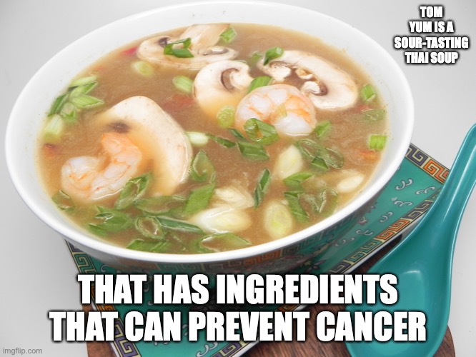 Tom Yum | TOM YUM IS A SOUR-TASTING THAI SOUP; THAT HAS INGREDIENTS THAT CAN PREVENT CANCER | image tagged in food,soup,memes | made w/ Imgflip meme maker