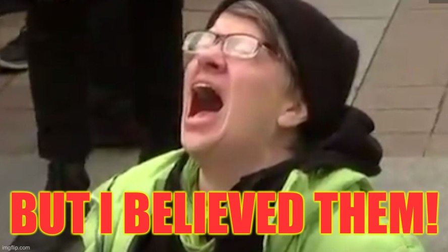 Screaming Liberal  | BUT I BELIEVED THEM! | image tagged in screaming liberal | made w/ Imgflip meme maker