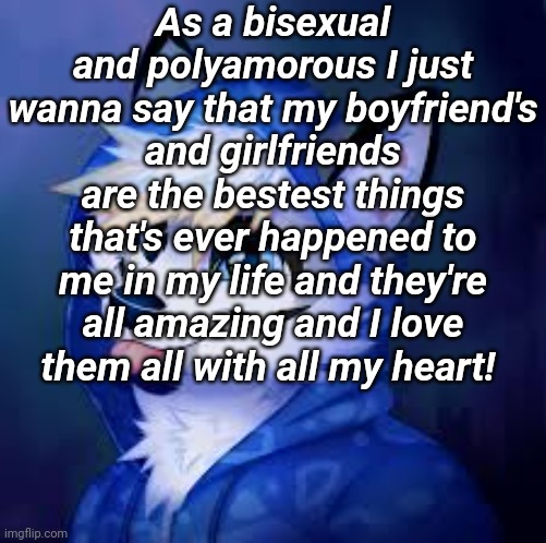 uwu | As a bisexual and polyamorous I just wanna say that my boyfriend's and girlfriends are the bestest things that's ever happened to me in my life and they're all amazing and I love them all with all my heart! | image tagged in love,wholesome | made w/ Imgflip meme maker