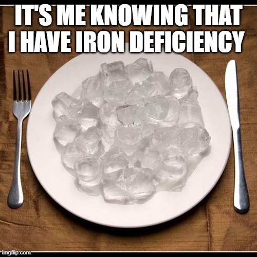 Plate of Ice Cubes | IT'S ME KNOWING THAT I HAVE IRON DEFICIENCY | image tagged in plate of ice cubes | made w/ Imgflip meme maker