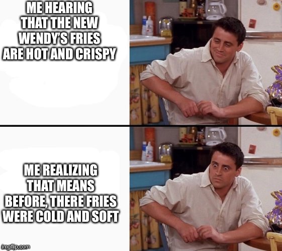 Comprehending Joey | ME HEARING THAT THE NEW WENDY’S FRIES ARE HOT AND CRISPY; ME REALIZING THAT MEANS BEFORE, THERE FRIES WERE COLD AND SOFT | image tagged in comprehending joey | made w/ Imgflip meme maker